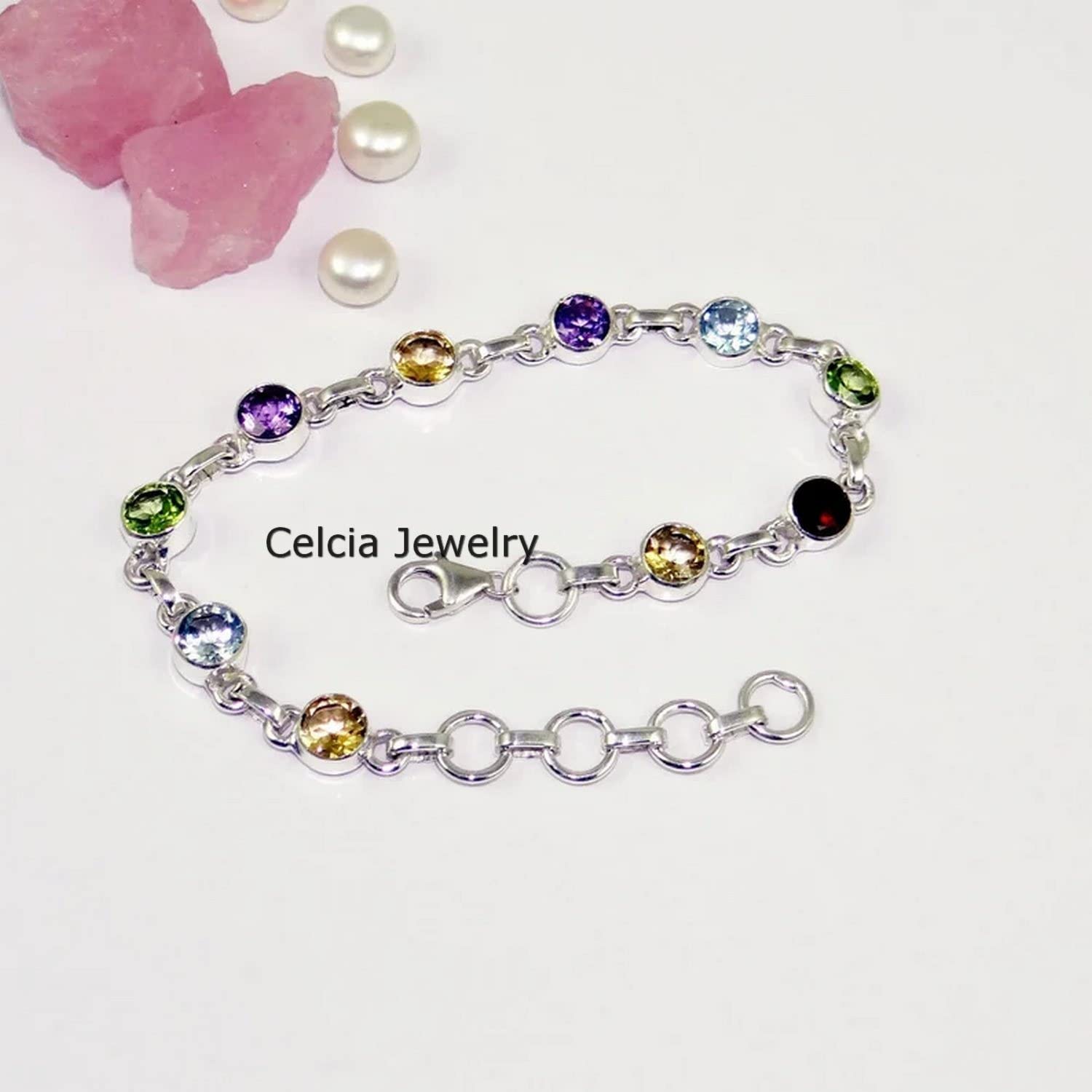 Pulsera de plata de ley 925 pura para mujeres y niñas, citrino natural, topacio azul, peridoto, amatista y granate Pulsera de piedras preciosas Pulsera única hecha a mano para ella o para él