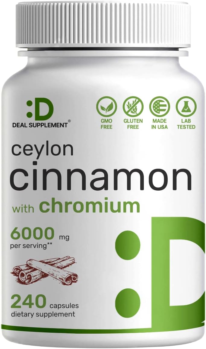 Ceylon Cinnamon 6000mg with Chromium 1000mcg, 240 Capsules | Active Inner Bark Extract, True Sri Lanka Source | Natural Cinnamon Supplements