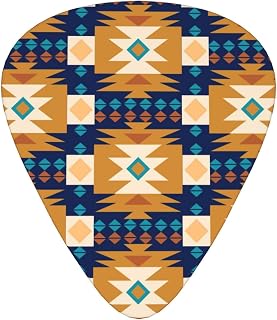 Bohemian Geometric Tribal Print 12 Pack Bass Guitar Picks | Circular Shape Faux Leather Mug Protection Mats 6 Unit Kit With Holder For Indoor Glass Containment