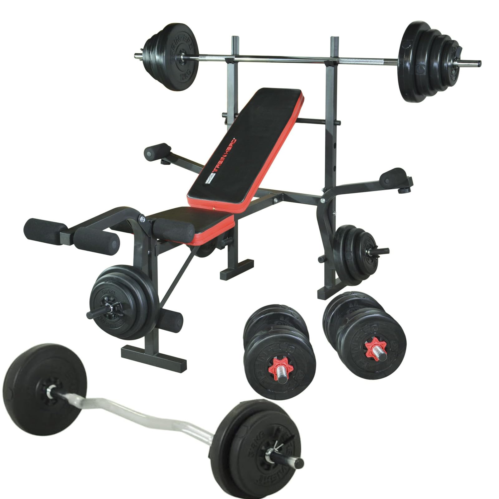 TrainHard Multifunctionele halterbank, inklapbaar, met beencurl, vlinder, getest en gecertificeerd volgens EN957. Optioneel: halterset van lange halter korte halter (halterbank 90 kg lang, korte