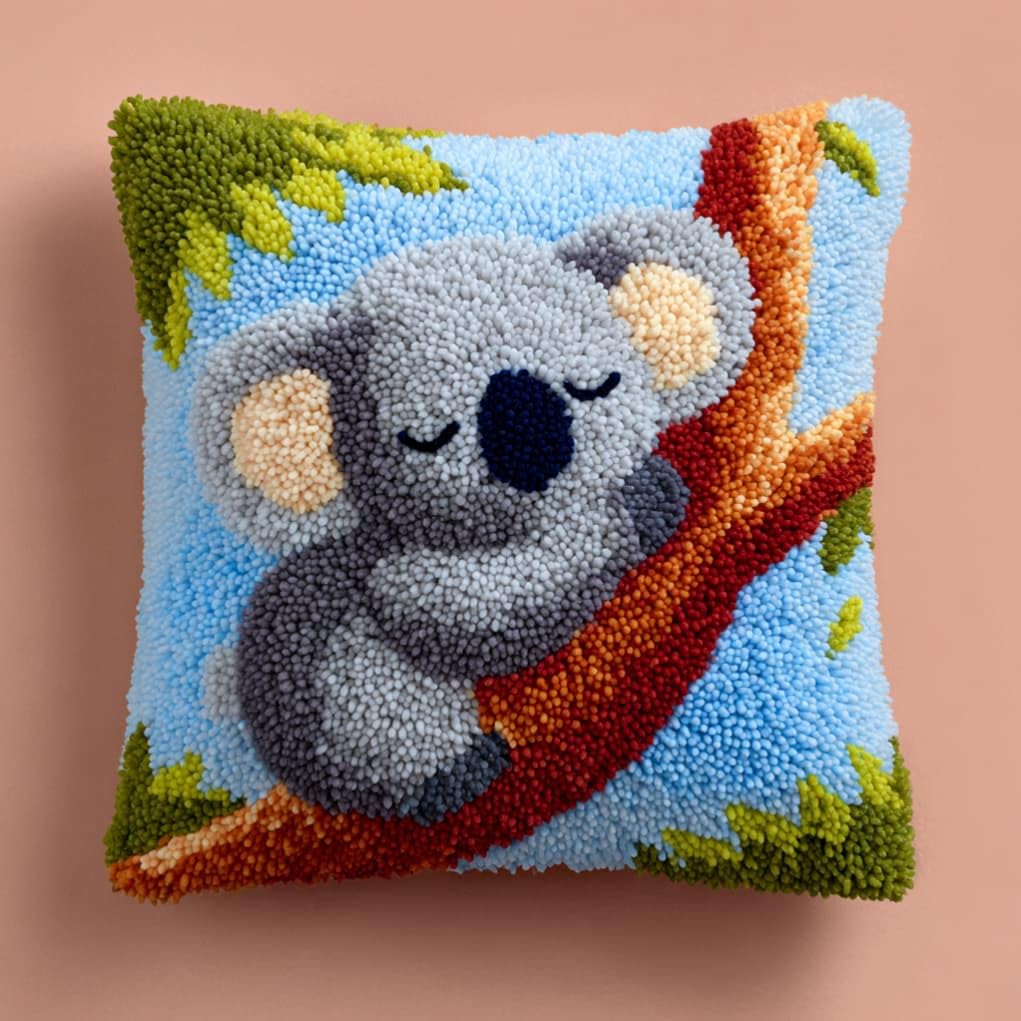 AxiangziK Latch Hook Pillow Kit for Adults,Koala 43X43Cm Handmade Embroidery Kits,Cross Stitch Sofa Cushion Cover with Crochet Yarn for Beginners and Home Decor