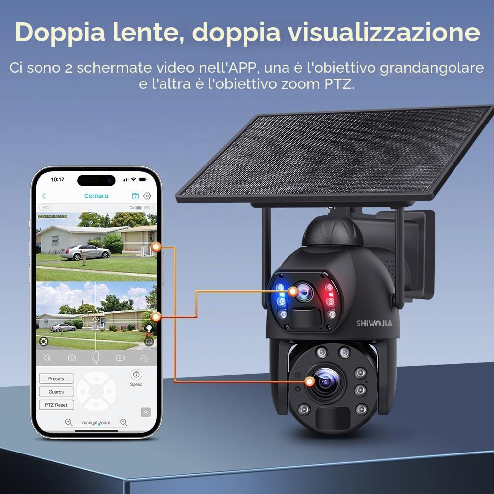 SHIWOJIA 36X Telecamera WiFi Esterno Solar, 6MP 360° PTZ Telecamera di Sorveglianza con Doppia Lente, 100m Visione Notturna a Colori, PIR Smart Detection, Audio Bidirezionale
