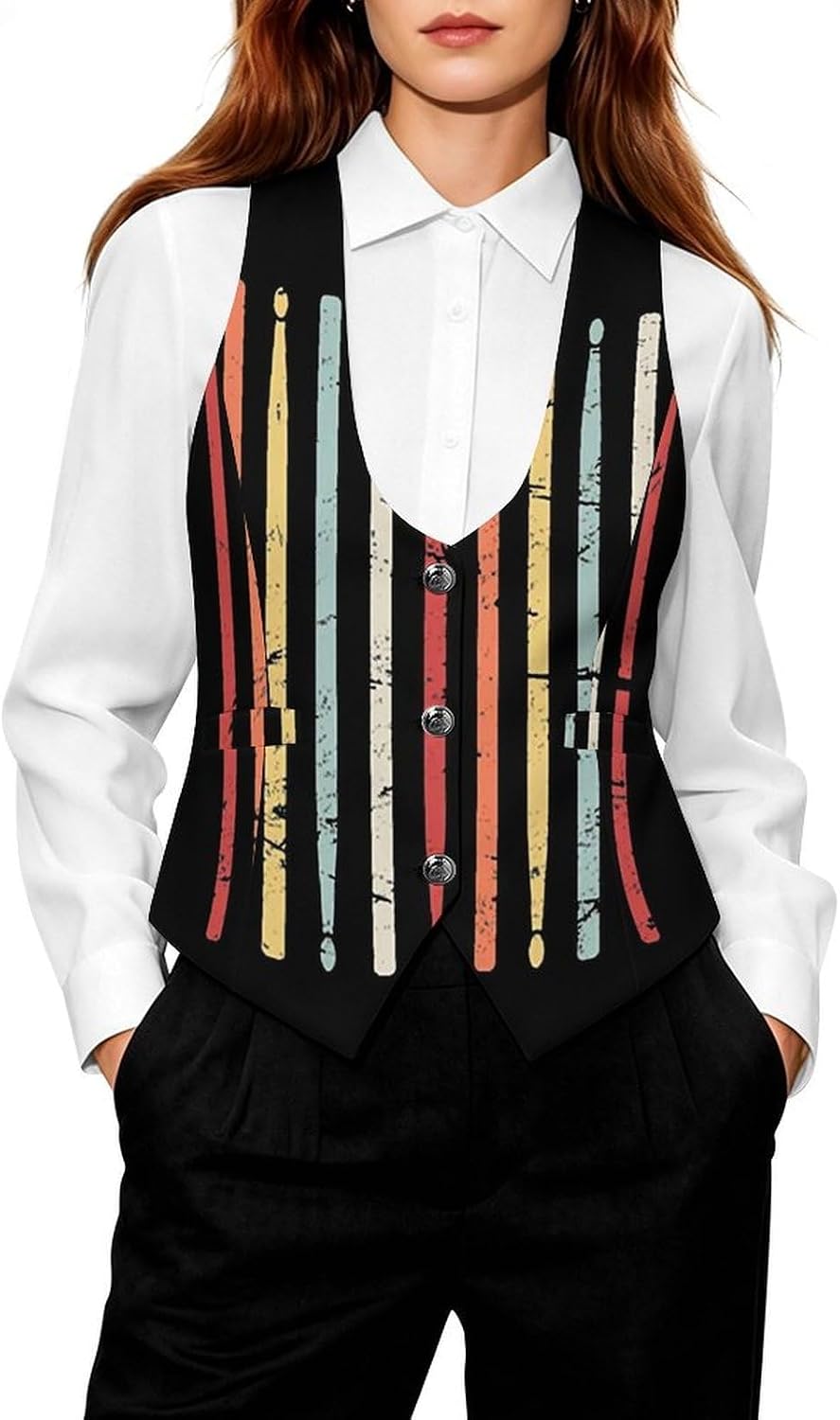 Retro Drum Sticks Women's Suit Vest V Neck Button Down Waistcoat Jacket Business Casual Tops