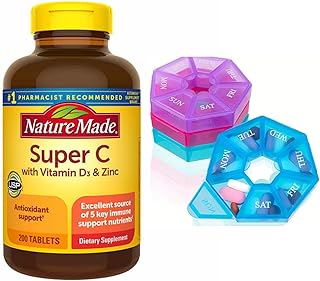 Nature Made Super C with (Vitamin D3 and Zinc), 200 Tablets Bundle with Travel Weekly Pill Organizer (Assorted Color)