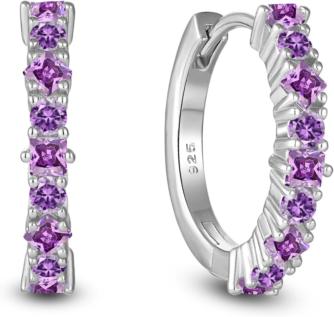 Birthstone Huggie Hoop Earrings for Women 925 Sterling Silver White/Yellow Gold Plated Small Hoop Earrings Everyday Jewelry Gift for Her