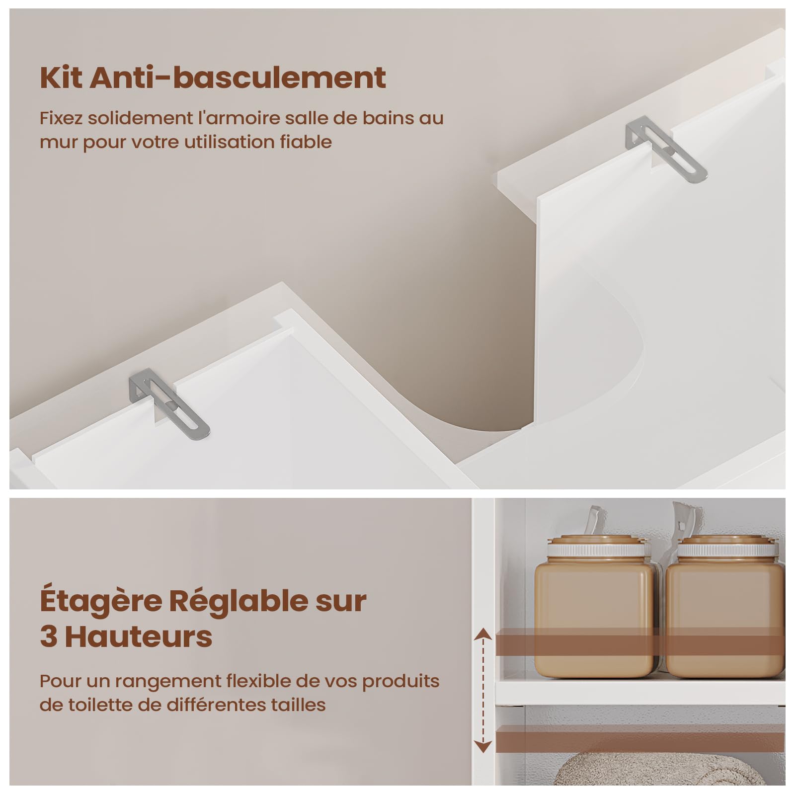 Meuble sous Lavabo Salle de Bain, Meuble Salle de Bain avec Étagère Réglable, Compartiments Fermés, 3 Étagères Ouvertes, 4 Pieds en Bois, Armoire de Rangement pour Vasque, 60x30x60cm, Blanc