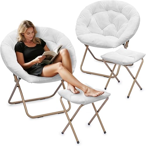 Miniatura 18 de Athena Collection Moderno platillo de terciopelo de piel sintética marrón, plegable, redonda, acogedora, con otomana, capacidad de peso de 300