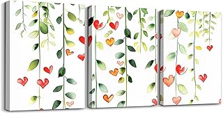 Valentine's Day Canvas Wall Art Set Of 3 Pieces,Botanical Leaf Hearts Wall Decor Home Artwork for Living Room Bedroom Decorative,Red Hearts Green Leaves Paintings Wall Hanging,Boys Girls Room Decor