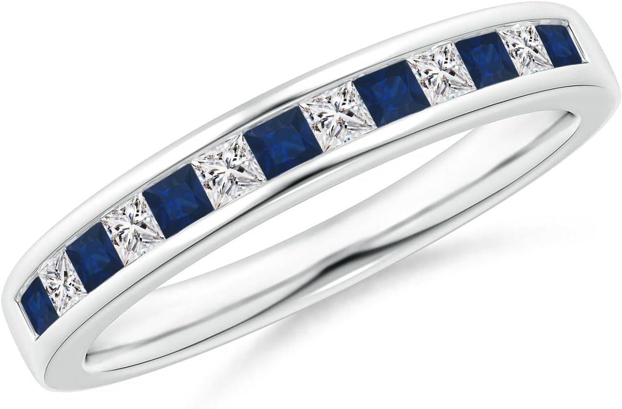 Angara Natural Blue Sapphire Ring for Women | Channel Square Sapphire and Diamond Half Eternity Ring in 14K Solid Gold/Platinum | September Birthday, Anniversary, Gemstone Jewellery Gift