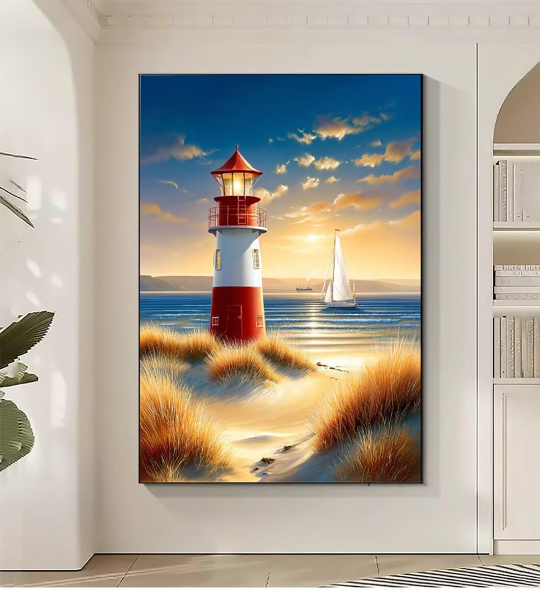 Landschaft Leuchtturm Malen Nach Zahlen Erwachsene, Paint by Numbers Adult Set, Heimwerk Malen Nach Zahlen Kinder Mit Rahmen, Pinsel und 36 Acrylfarbe Als für Deko Wohnzimmer 60 x 80 cm BJHDK563