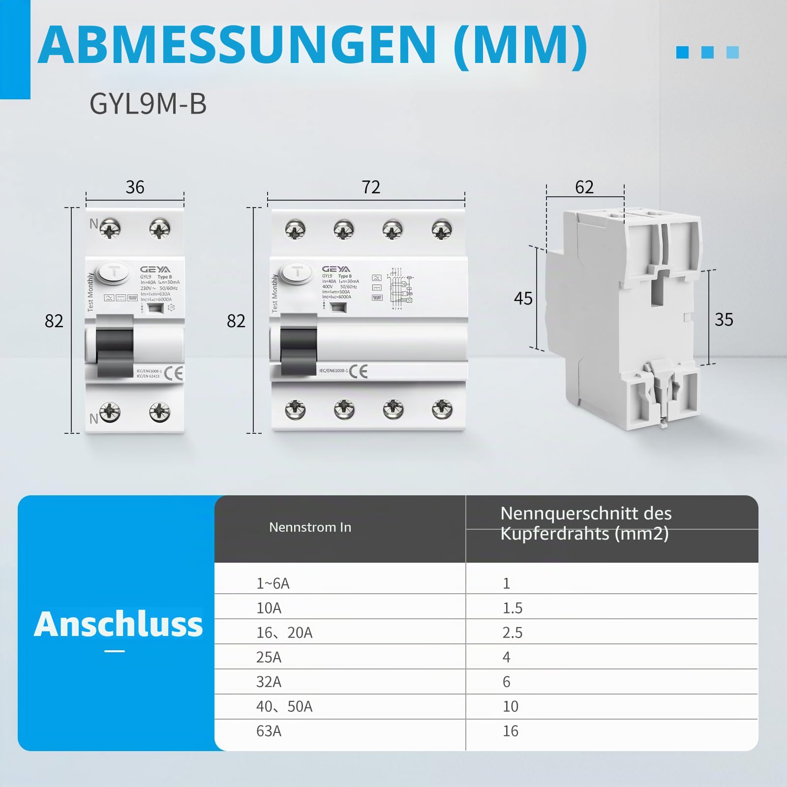 GEYA Elektromagnetischer Fehlerstromschutzschalter Differentialschalter Sicherheitsschalter(Type B-2P-40A-0.03A)