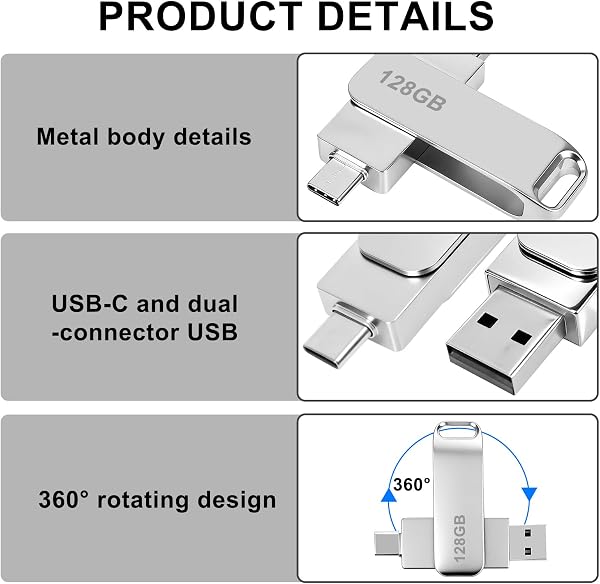 Clé USB 128 Go 2-en-1 avec USB-C & USB-A, clé USB 2.0 en métal OTG, double clé USB de stockage pour smartphone, tablette, PC, ordinateur portable - 3
