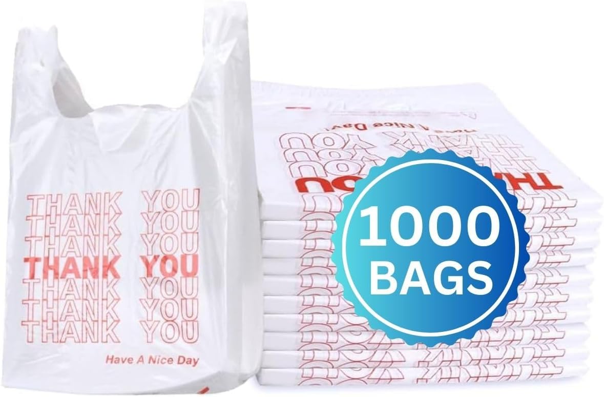 Thank You Plastic Bags (1000 Count) (11.5" x 6.5" x 22") (White) – Heavy Duty T-Shirt Bags for Grocery, Shopping, Takeout, Restaurants, Convenience Stores