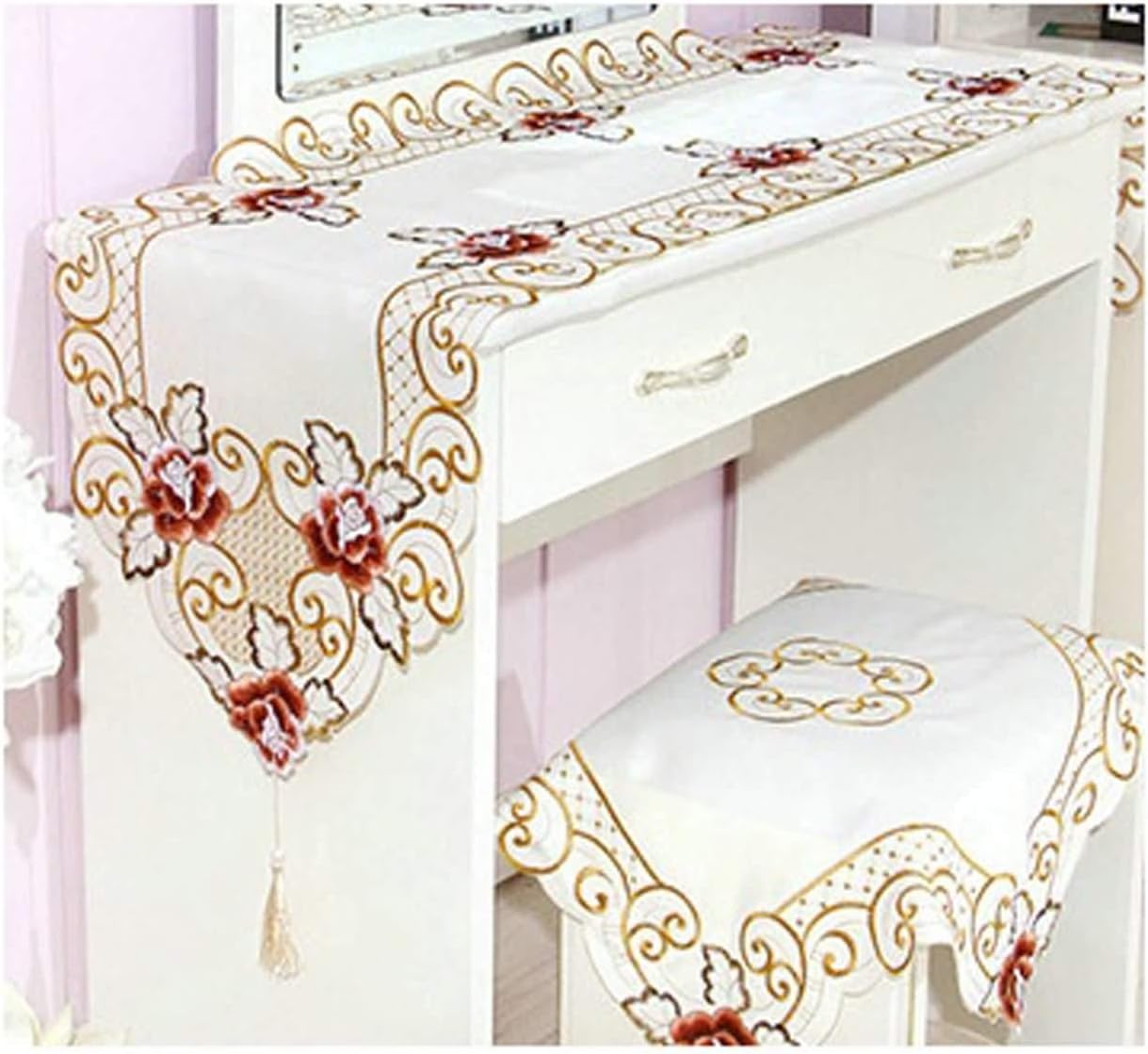 Table Runners,40x250CM,Tassel Embroidery Flowers Autumn Table Runner Cotton,Table Runners Beige Green