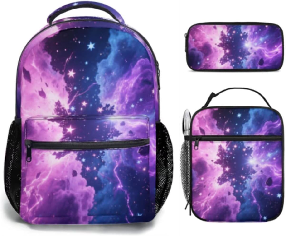 Kids Backpack With Lunch Box, Lightweight School 3 Set, Boys Girls Starry Sky Schoolbag, Children Teens Elementary Middle School Christmas