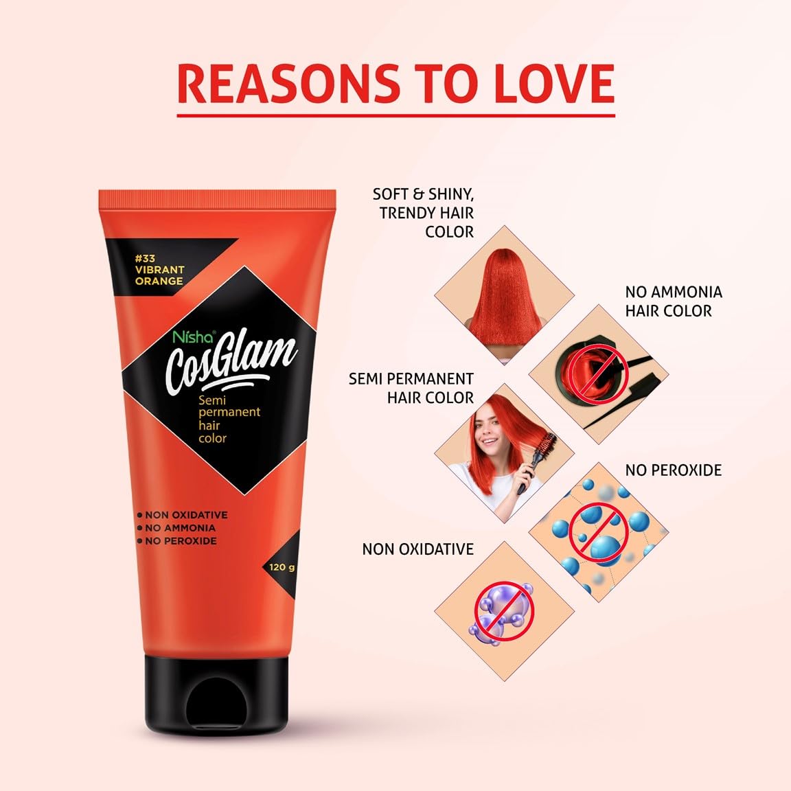 Nisha Cosglam Vegan And Cruelty Free Semi Permanent Hair Color, Orange Hair Dye With Infused Conditioner | No Ammonia, No Peroxide, Non Oxidative Hair Colour - 120g / 4.06 Fl Oz (#33 Vibrant Orange)