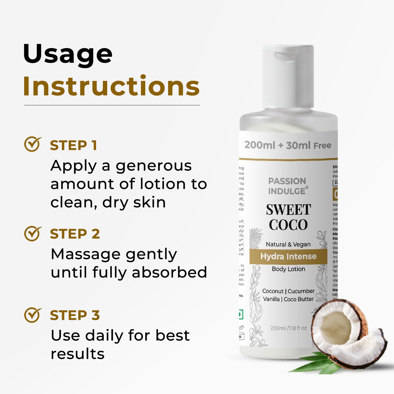 Passion Indulge Sweet Coco Hydra Intense Body Lotion | Deep Moisturizing Body Lotion with Coconut, Vanilla, Cucumber & Cocoa Butter | Natural & Vegan | Aromatherapy-Based Herbal Care | 230ml image 3