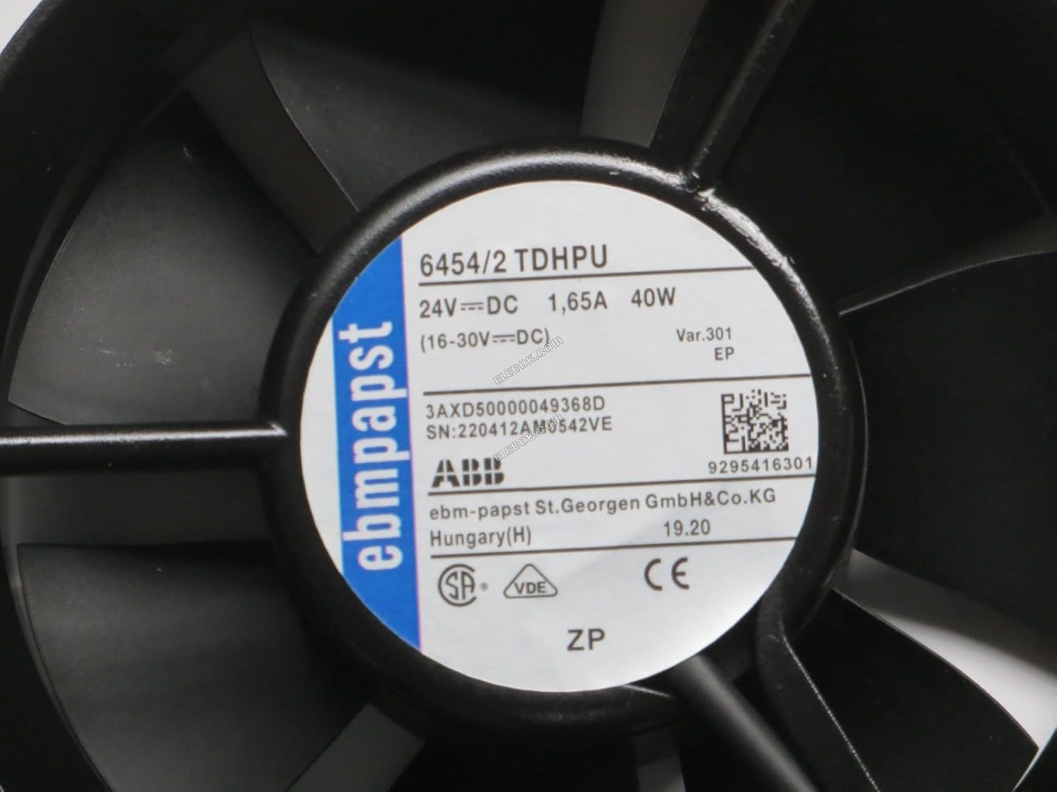 ebmpapst 6454/2 TDHPU Axial Fan, close-up of label