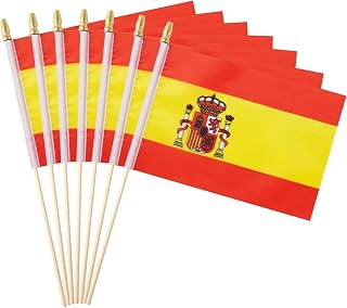 12 Pack Spanish Flags on Sticks Spain Small Mini Hand Held Flags for Office Classroom Holiday Party Decorations