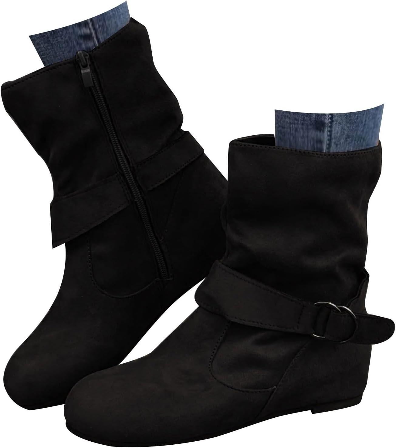 Slouchy Boots for Women Mid Calf Ruched Suede Slip On Flats Women's Ankle Boots Casual Fall Winter Round Toe No Heels Short Booties with Side Zipper