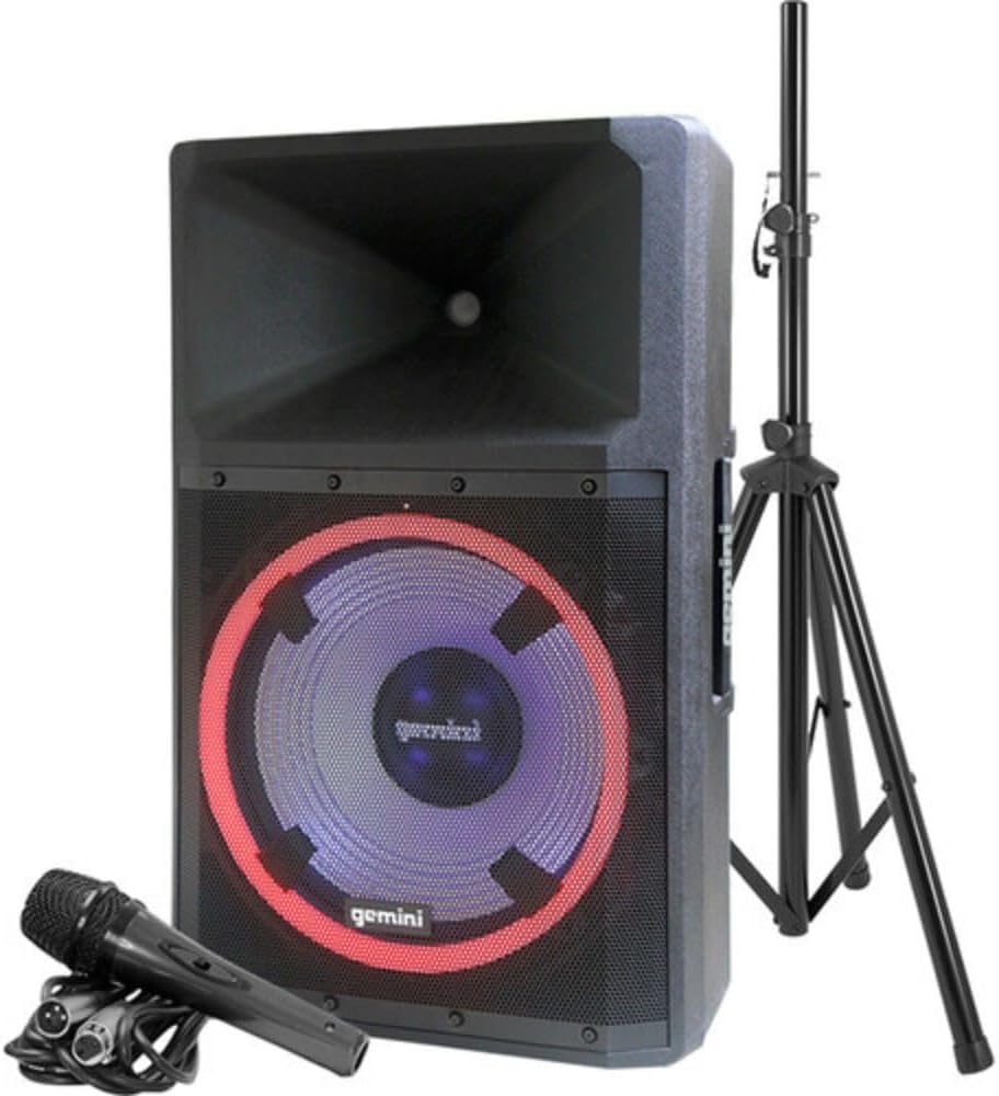 Gemini GSP-L2200PK speaker mounted on a stand with a microphone nearby