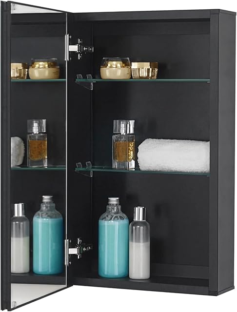 Fundin Mirror Cabinet 36 x61 CM Recessed or Surface Mount, Black Aluminum Bathroom Wall Cabinet with Mirror and Adjustable Shelves.