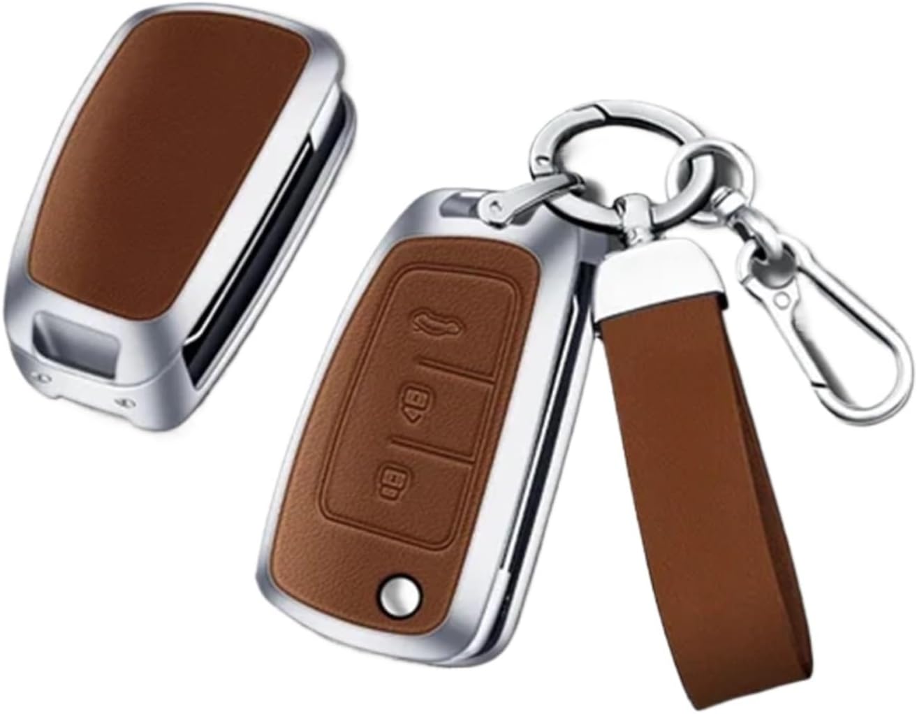 Zinc Alloy Leather Car Key Fob Case Cover Compatible For Nissan Kicks Rogue Sport Qashqai(Silver Coffee B)