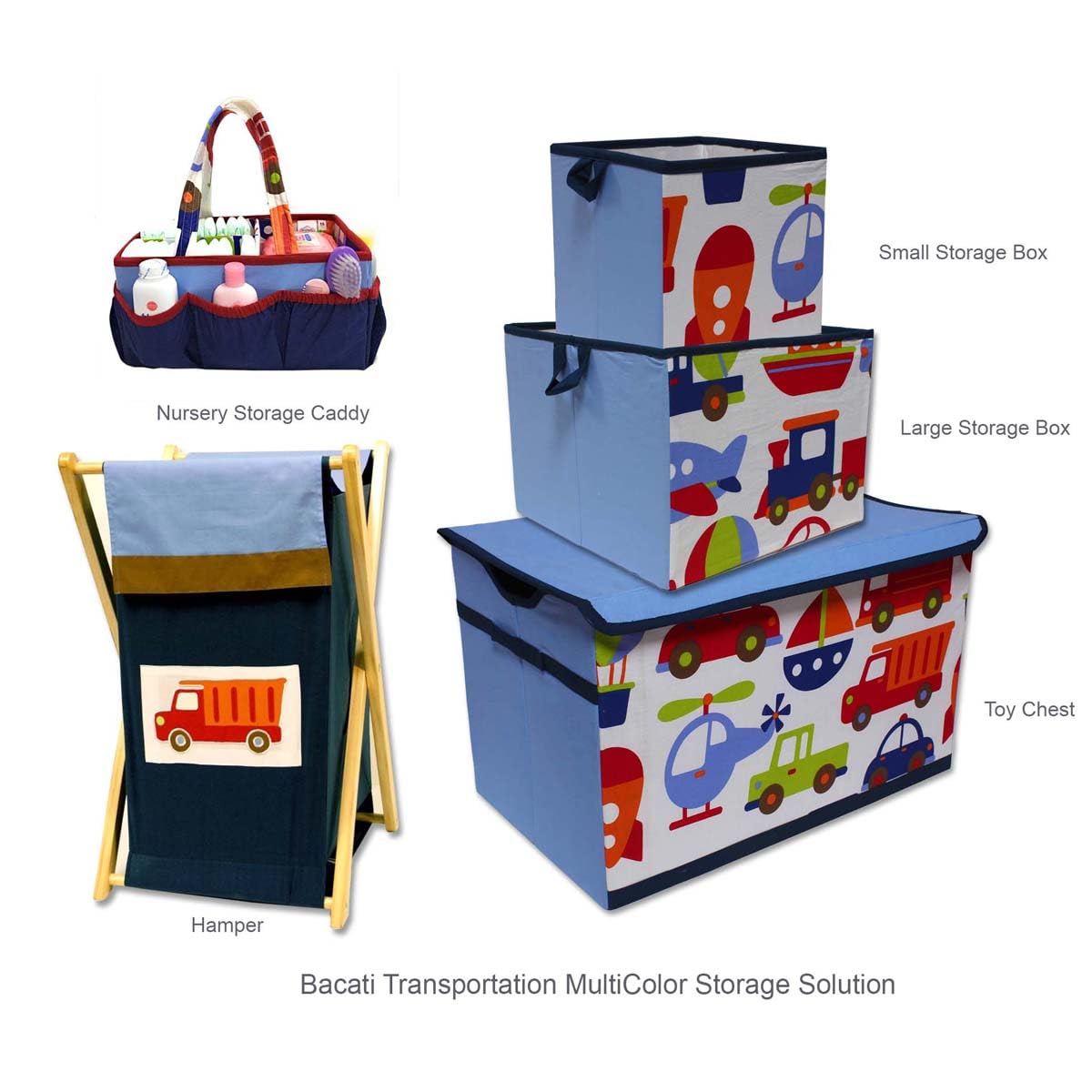 Bacati Transportation Multicolor Nursery Fabric Storage Caddy with Handles, Blue