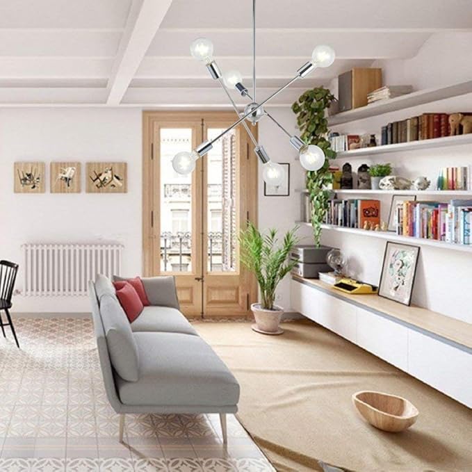 NZDY Kroonluchter, moderne Sputnikkroonluchter 6 lampen chroom Mid Century hanger verlichting vintage industriële boerderij plafondlamp voor foyer woonkamer slaapkamer keuken verlichting photo 2