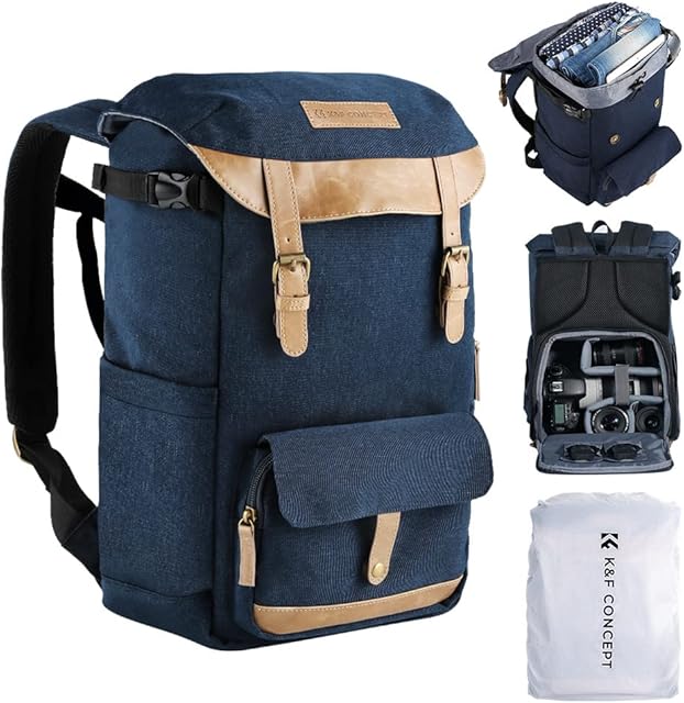 K&F Concept Waterproof Camera Backpack with Rain Cover, Large Capacity Rucksack DSLR Travel Bag Compatible with Canon Nikon Sony Cameras 15.6 Laptop
