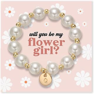 Flower Girl Proposal Gifts, Initial A-Z Bracelet Initial Pearl Bracelets Will You Be My Flower Girl Gift.