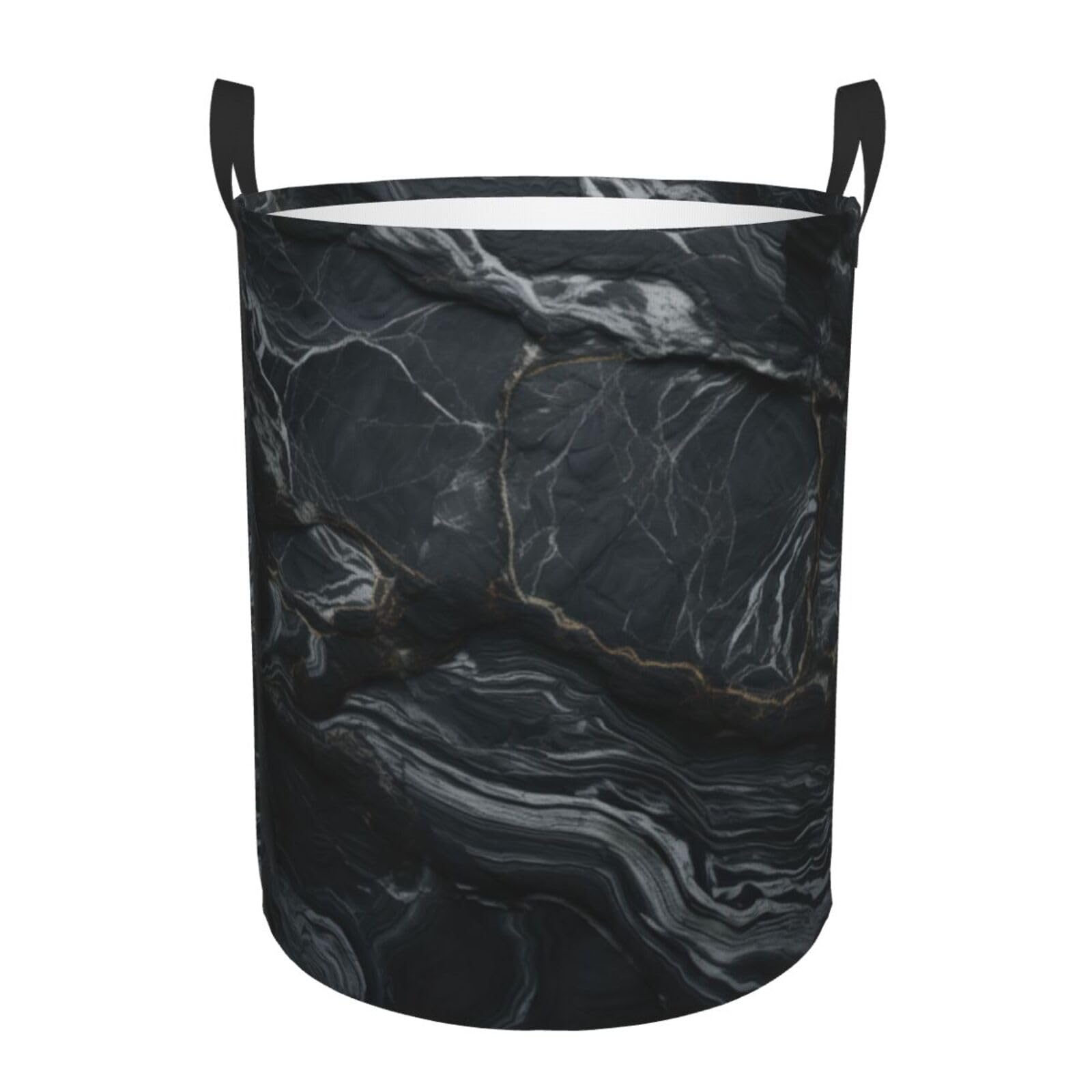 M Collapsible Laundry Hamper Round Black textured marble Print Storage