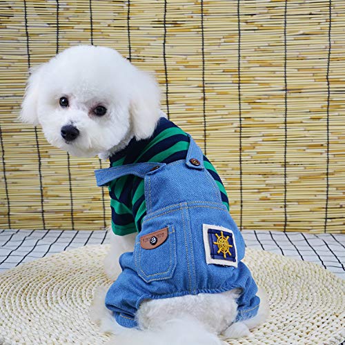 Smalllee_Lucky_Store Pet Stripe Sweater Shirt Denim Overalls For Small Dogs Cats Boy Girl Tshirt Pants 4 Legged Outfits Puppy Jumpsuit Yorkie Chihuahua Clothes,Green,Size S #TOP3