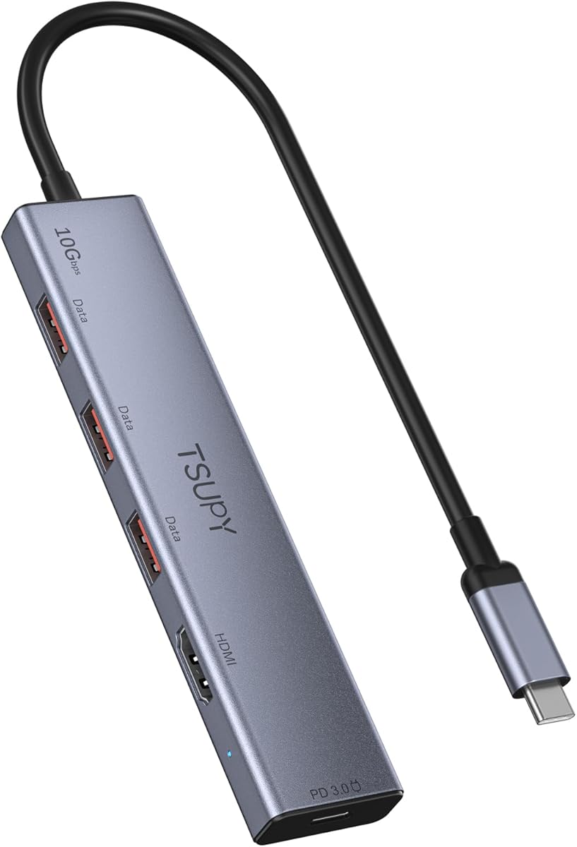 TSUPY 10Gbps Hub USB-C HDMI 4K 60HZ, 4 Data Ports 3A PD 100W 5 en 1 Docking Station,Câble 30CM, Compatible avec iPhone 16 15 Série MacBook iPad Air 2024 Mac Mini M4 Surface Galaxy S24