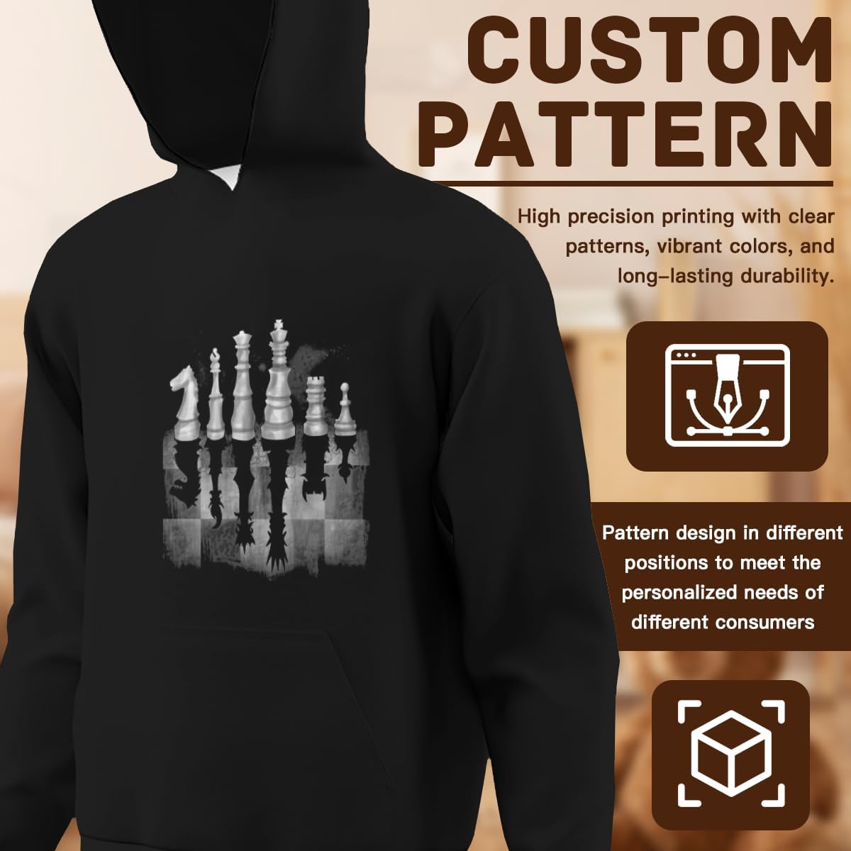 HEAPPER Kids Chess Shadow Cool Boys Girls Lightweight Kangaroo Pocket Fleece Hoodies