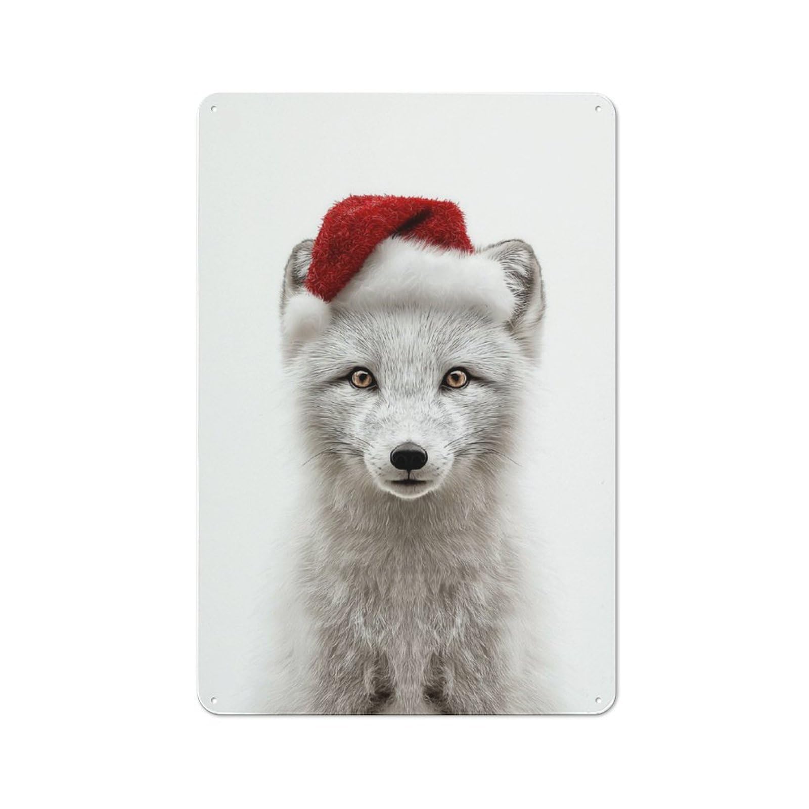 Junmoney Fox With Santa Hat Metal Plaque 30X20cm With For Hallway Wall, Rustic Decor, For Garage, Workshop And Man Cave Decoration