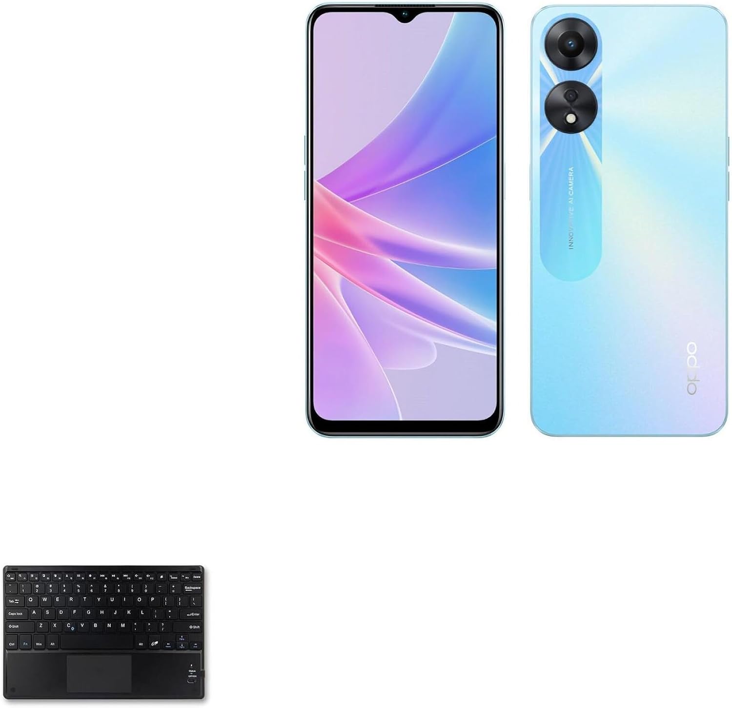 BoxWave SlimKeys Bluetooth Keyboard shown alongside an Oppo A58 smartphone