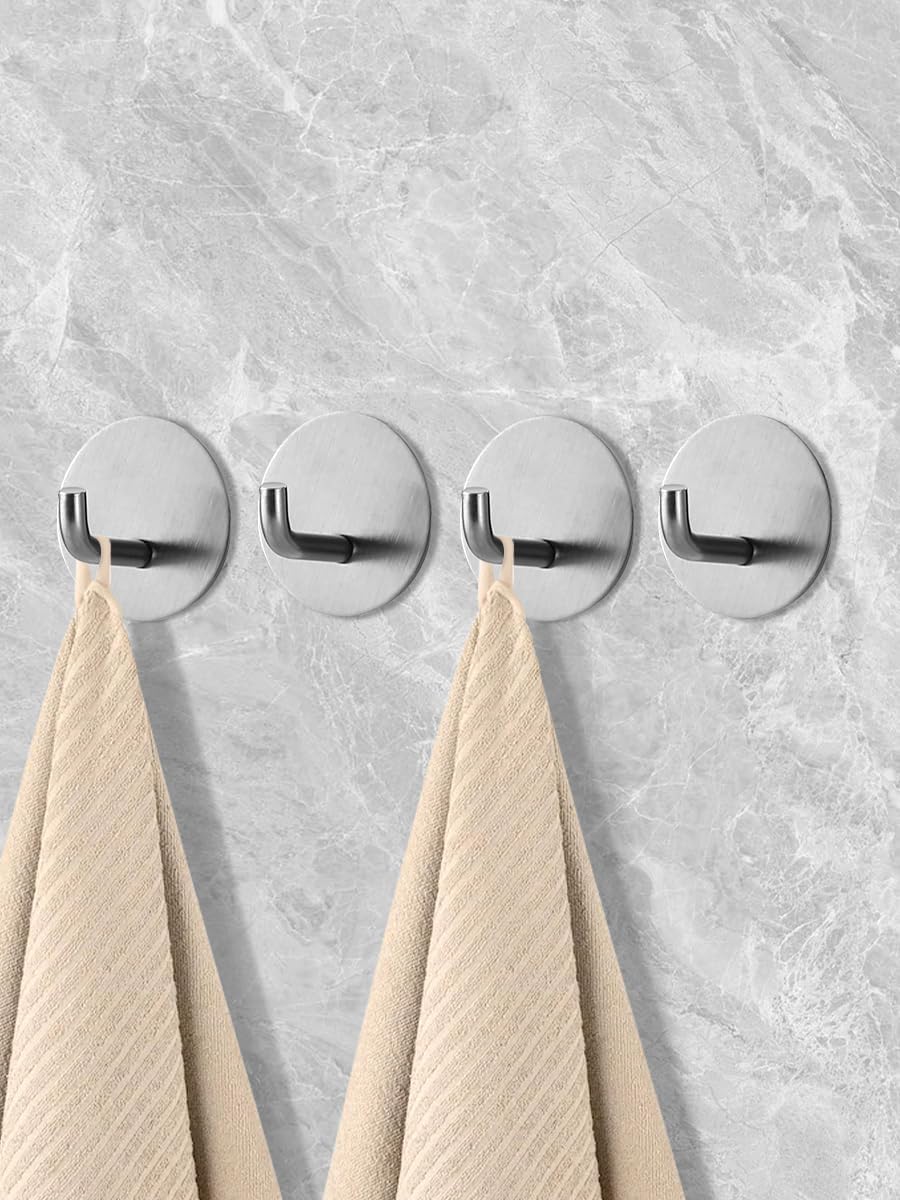 4 PCS Adhesive Hooks, Heavy Duty Waterproof in Shower Hooks for Hanging Loofah, Towels Clothes for Bathroom, Stainless Steel Wall Hooks Hanging Hook, Silver Round