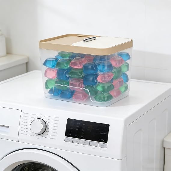 Clear Laundry Pods Container Washing Pods Storage Container with Sliding Lid and a cup, Washing Powder Dishwasher Tablet Storage for Laundry Room, Bathroom, Kitchen Organization
