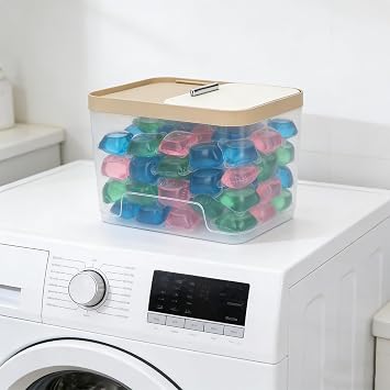 Clear Laundry Pods Container Washing Pods Storage Container with Sliding Lid and a cup, Washing Powder Dishwasher Tablet Storage for Laundry Room, Bathroom, Kitchen Organization