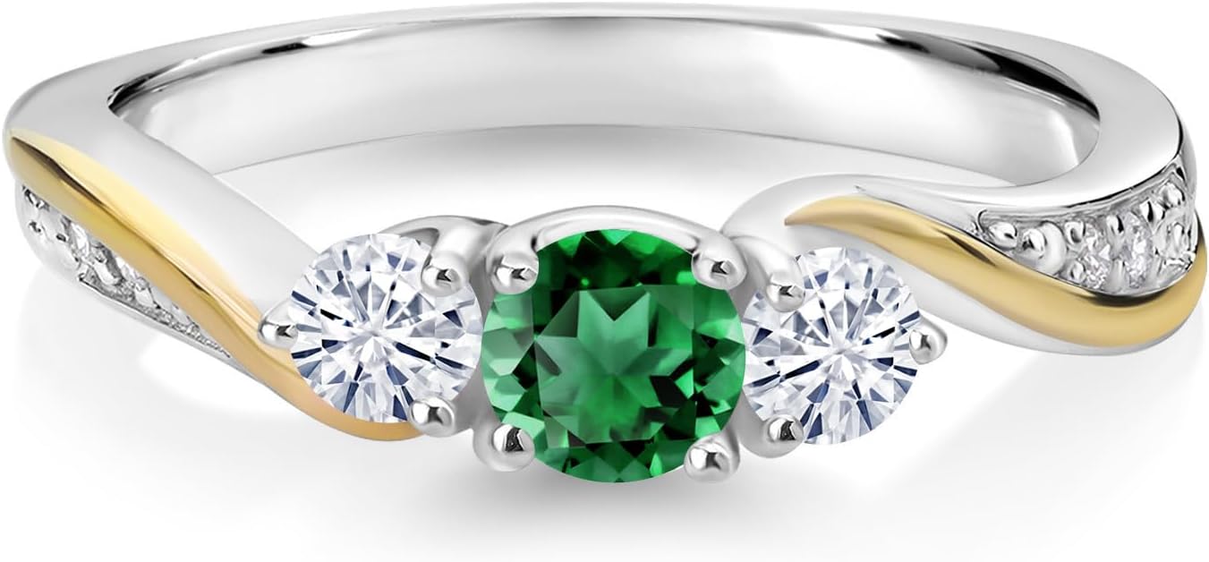Gem Stone King 925 Silver and 10K Yellow Gold Green Nano Emerald White Moissanite and White Lab Grown Diamond 3 Stone Engagement Ring For Women (0.53 Cttw, May Birthstone)