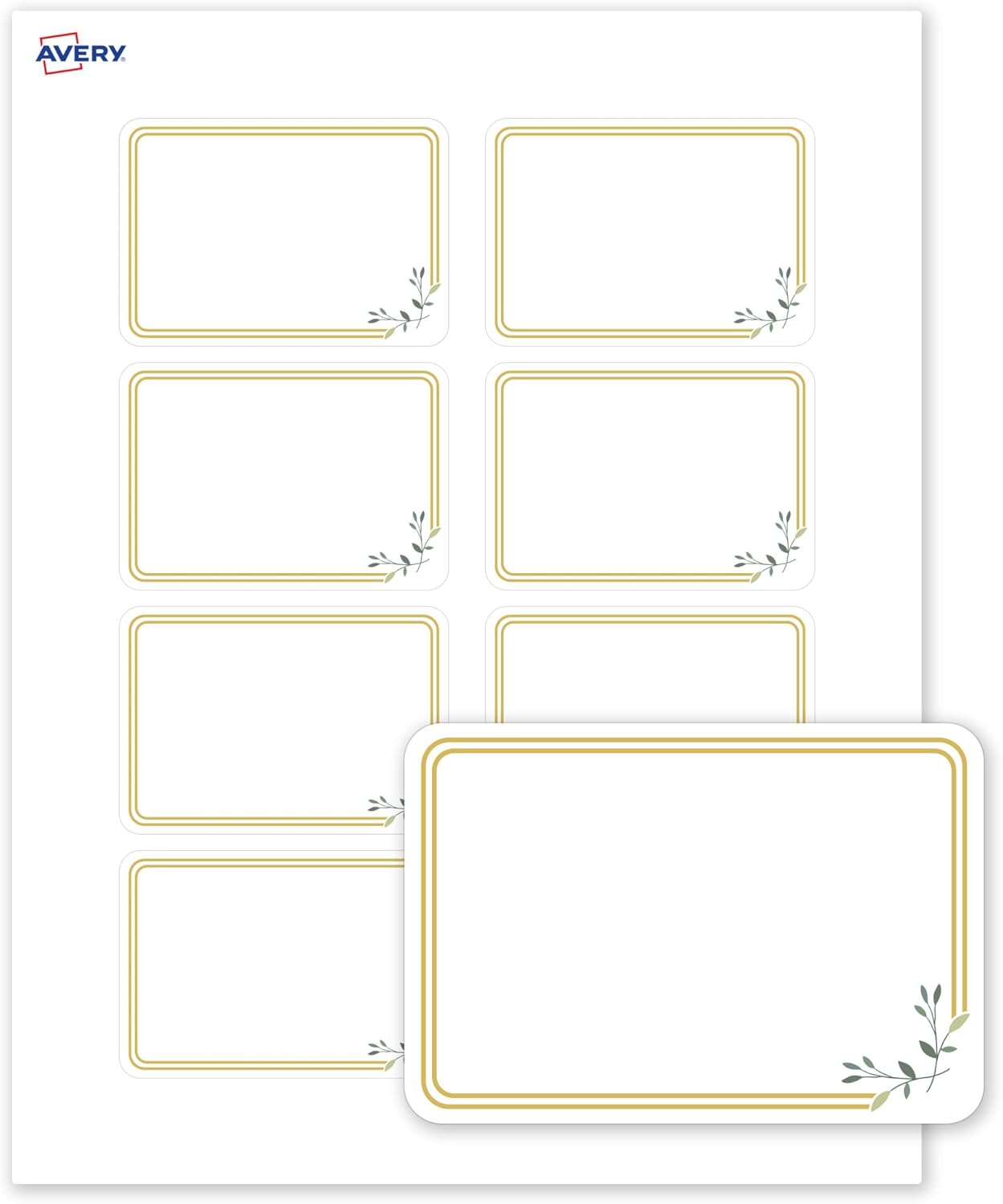 Avery Printable Rectangle Adhesive Name Tags, 2-1/3" x 3-3/8", Matte White Removable Name Tags, Pre-Printed Double Gold Border/Florals Design, Laser & Inkjet Compatible, 160 Total
