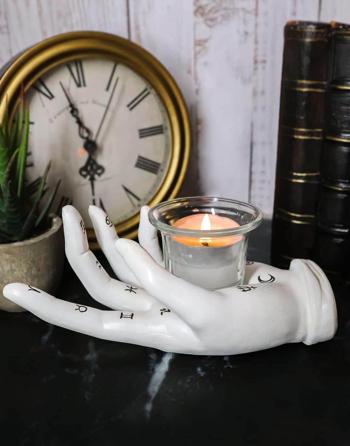 Ebros Gift Ancient Psychic Fortune Teller Chirology Palmistry Black Hand Palm with Lines Mounts Celestial Mystical Alchemy Symbols Votive Candle Holder Figurine Spiritual Divinity Palmists Chiromancy