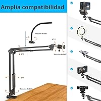 Vista 5 de Soporte de cámara superior con anillo de luz, brazo flexible articulado para teléfono compatible con iPhone, webcam Logitech, trípode de escritorio