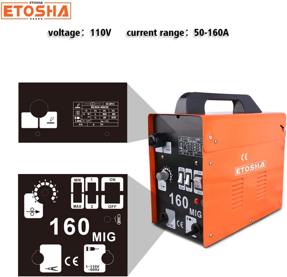 ETOSHA MIG 160 Welder Portable Flux Core Wire Gasless Automatic Wire Feeding Welder,160A ARC Welder Machine with Welding Gun, Grounding Clamp, Input Power Adapter Cable and Brush(Orange) - - 