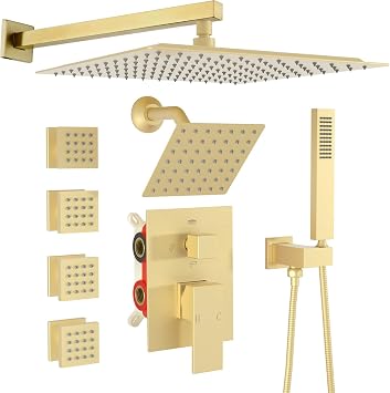 Dual Shower Head System with Body Jets, 12"+ 6" Wall Mounted Dual Rain Shower Faucet with Valve Kit, Brushed Gold