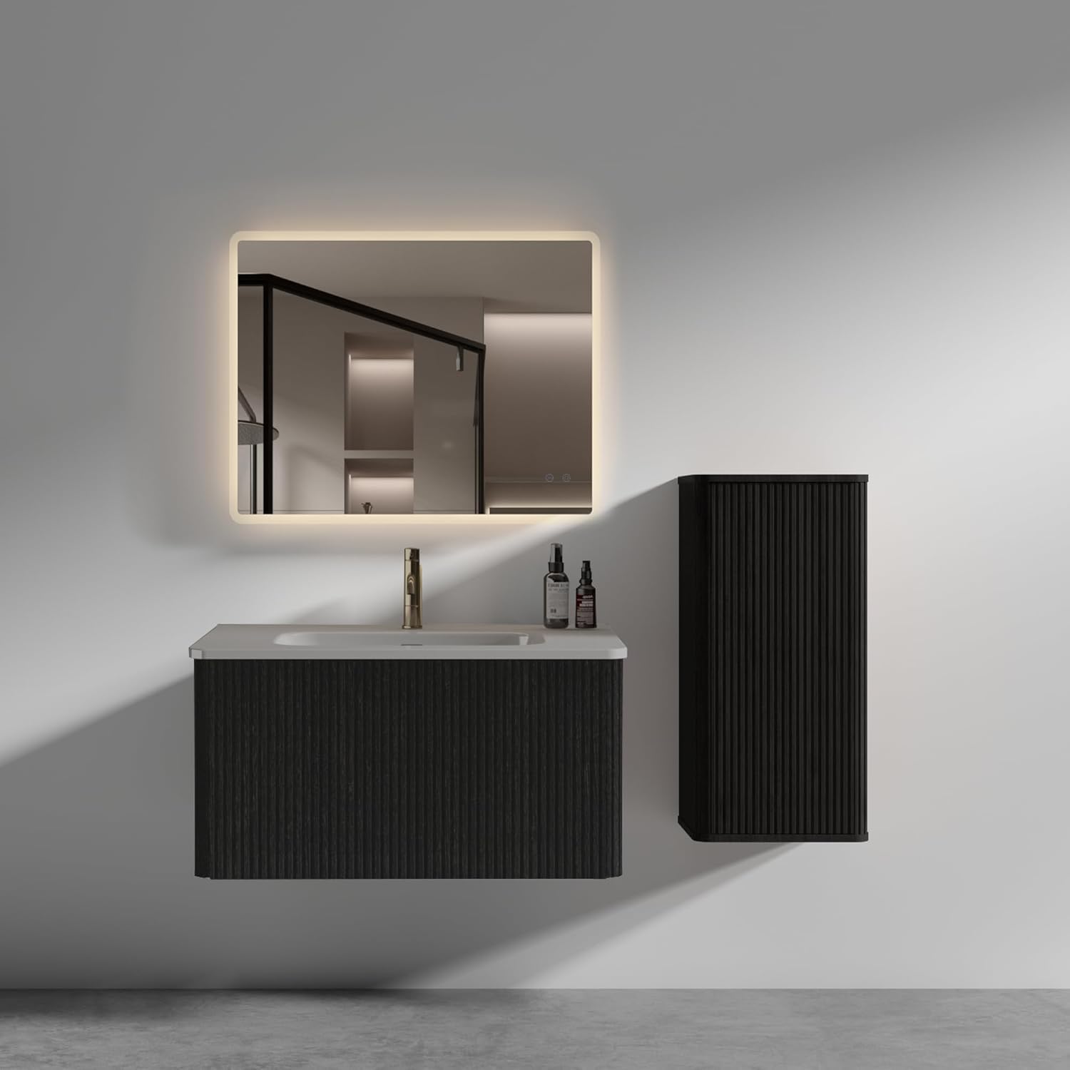Wall Mounted Floating Bathroom Vanity with Sink, Large Storage for Modern Bathroom, One-Piece Sink Basin Minimalist Cabinet with Overflow (Brushed Black Oak, 30IN)