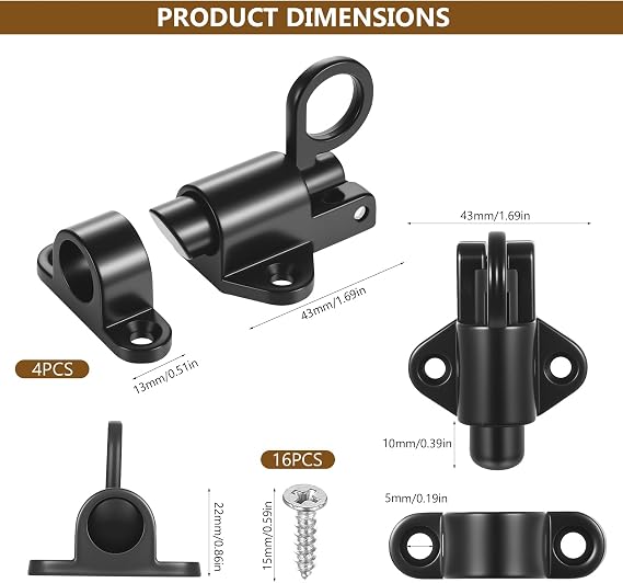 4 Pcs Door Bolt Spring Latch, Door Latch Black, Gate Bolts for Wooden Gates
