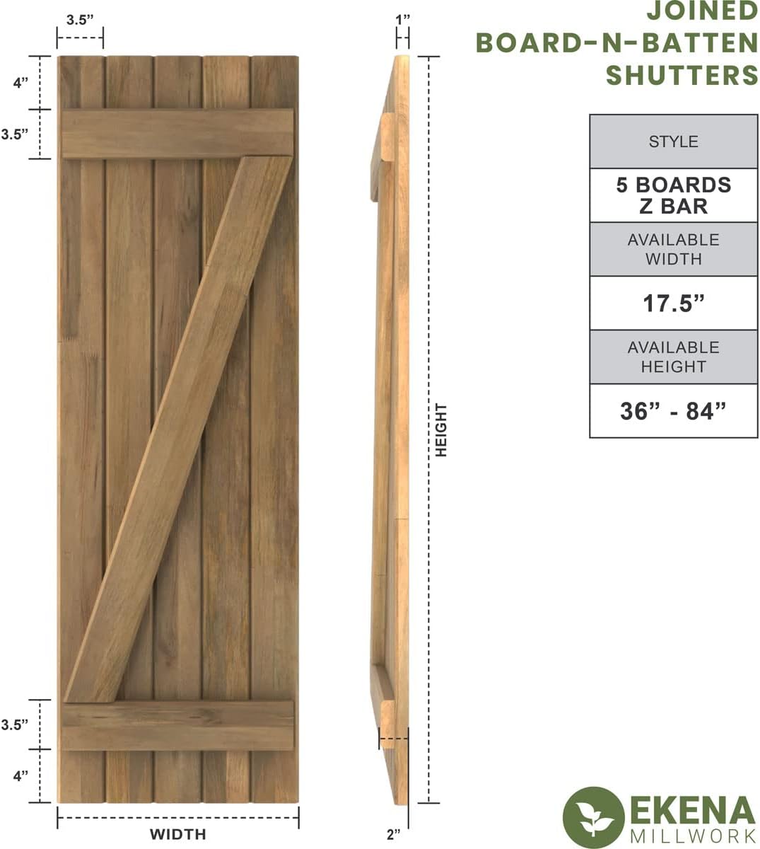 17 1/2"W x 58"H Americraft Five Board (2 Batten) Exterior Real Wood Joined Board-n-Batten Shutters w/Z-Bar (Per Pair), Fire Red