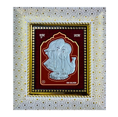 Image of 999 Silver Radha Krishna Wall Mount Rectangular Frame - Pure Silver Sheet with Purity Certificate | Pooja Room, Home & Office Decor | Wedding, Anniversary & Corporate Gift | Handcrafted Wall Art - 1 Unit (21 x 19 CM / 8.25 x 7.5 Inch)